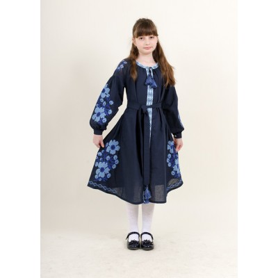 Embroidered dress for girl "Floral Prague" navy blue